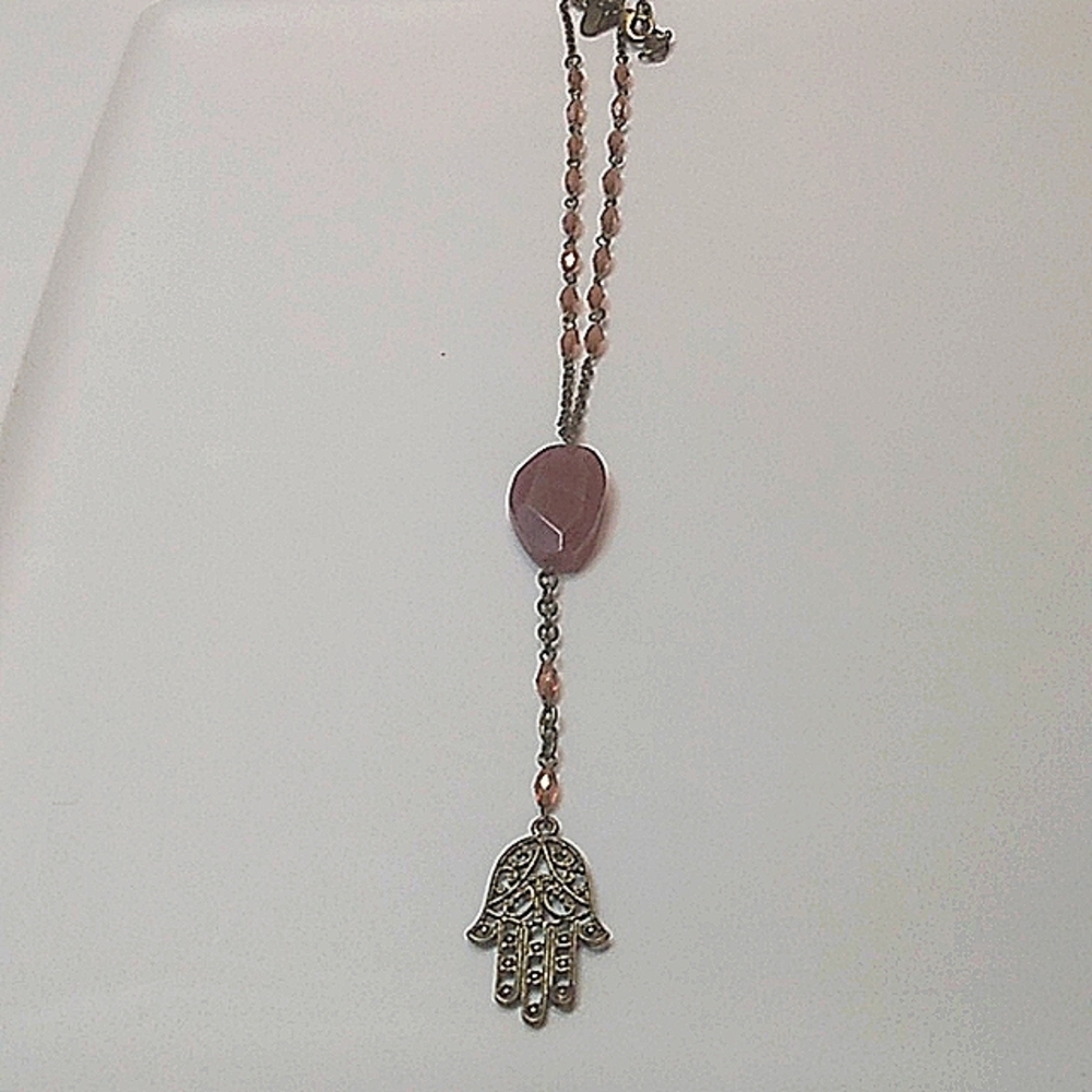 Free People Hamsa long necklace antiqued brass finish with pink beads and stone